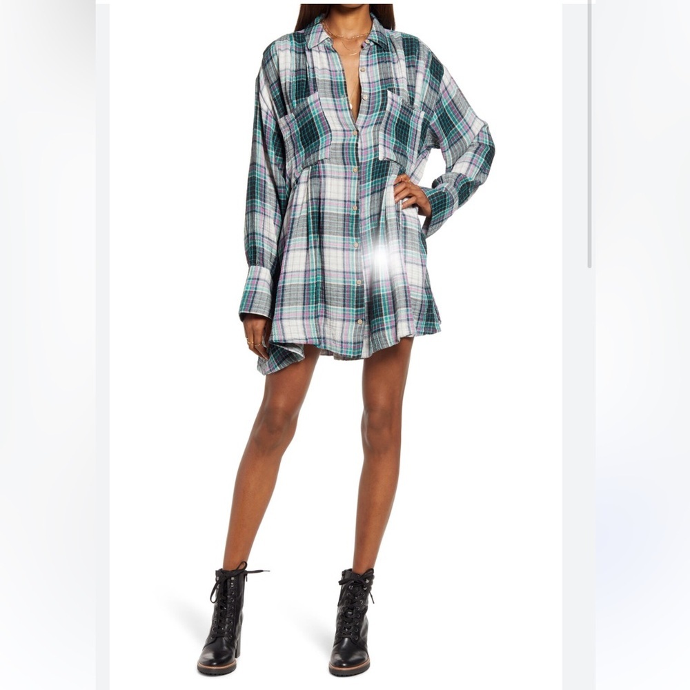 Free People The Voyage Shirtdress Mini. Oversized Pink Grey Turquoise Plaid XS